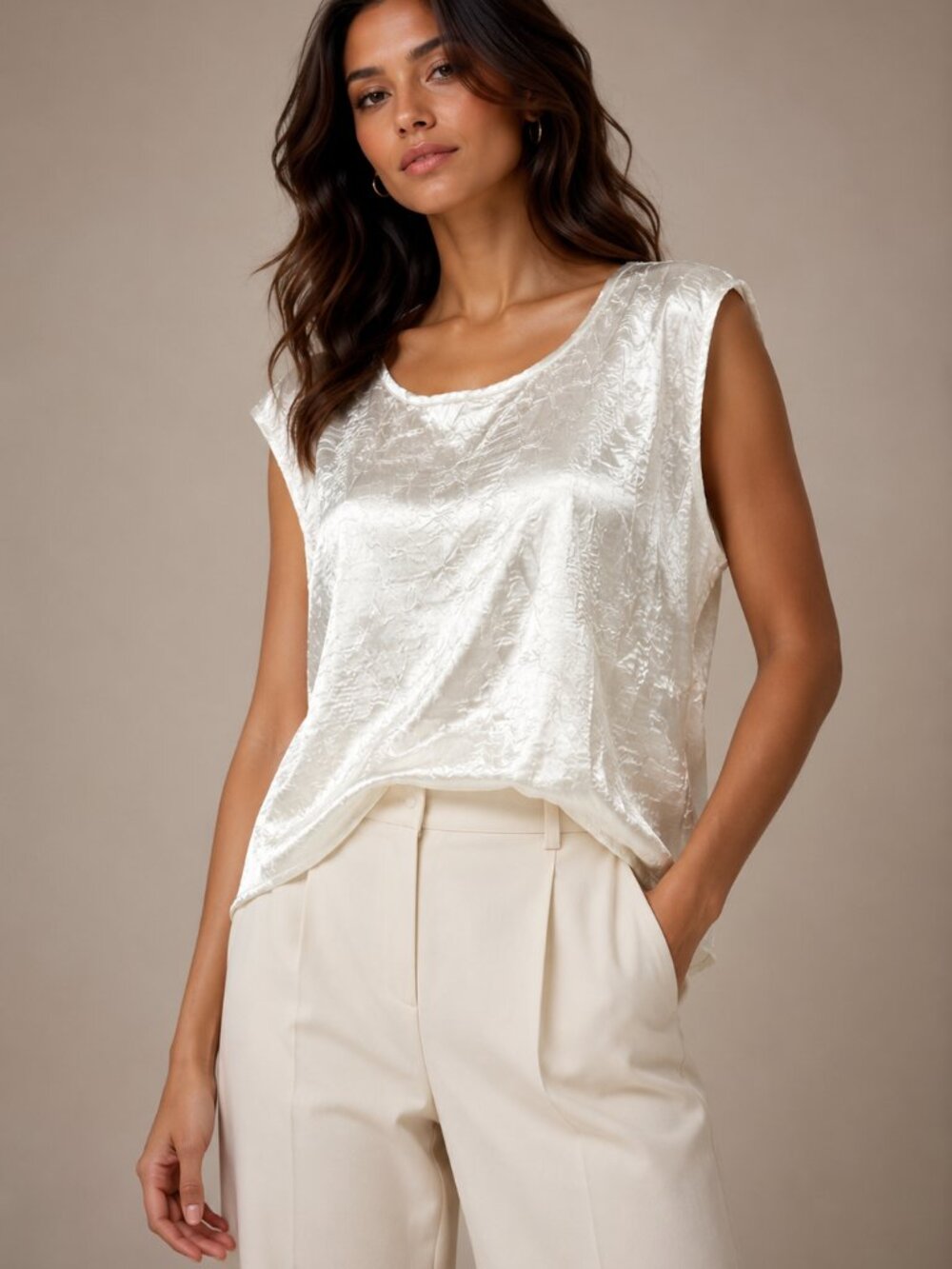 Cervelle Crushed Satin Sleeveless Blouse Ivory White Plus Size 1X